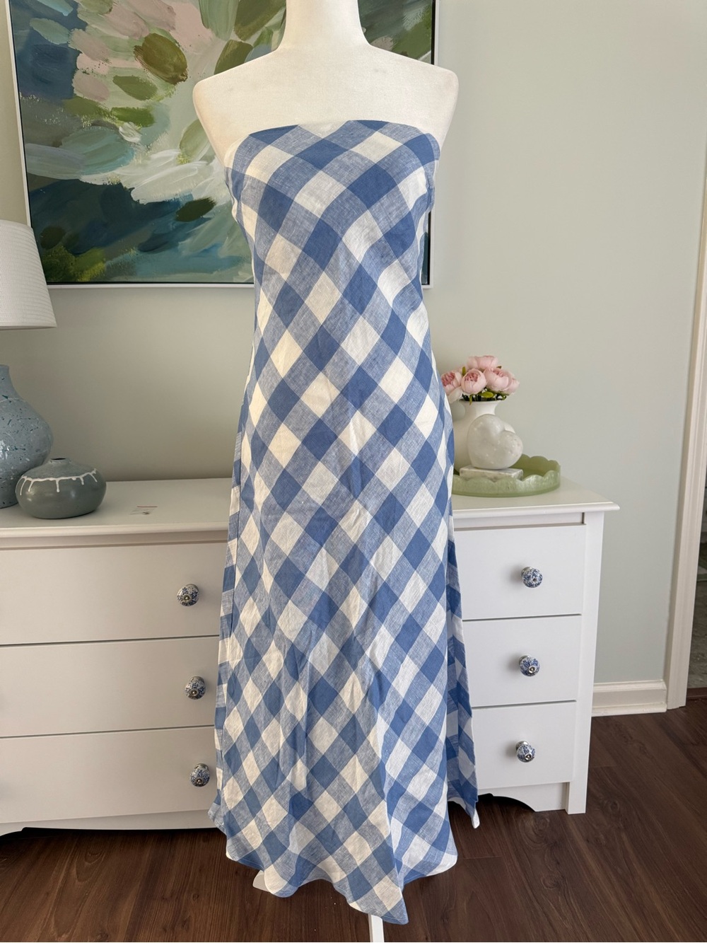 Olivaceous Blue and White Gingham Strapless Maxi Dress